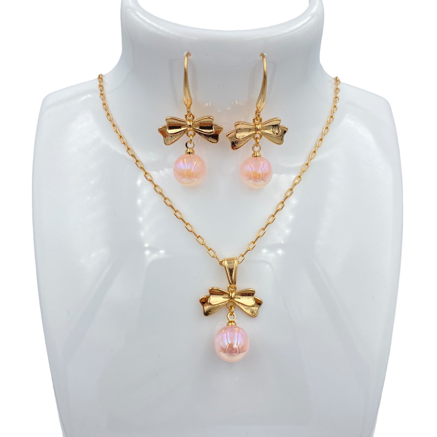Set Collar y Aretes, Lazos y Perlas rosadas
