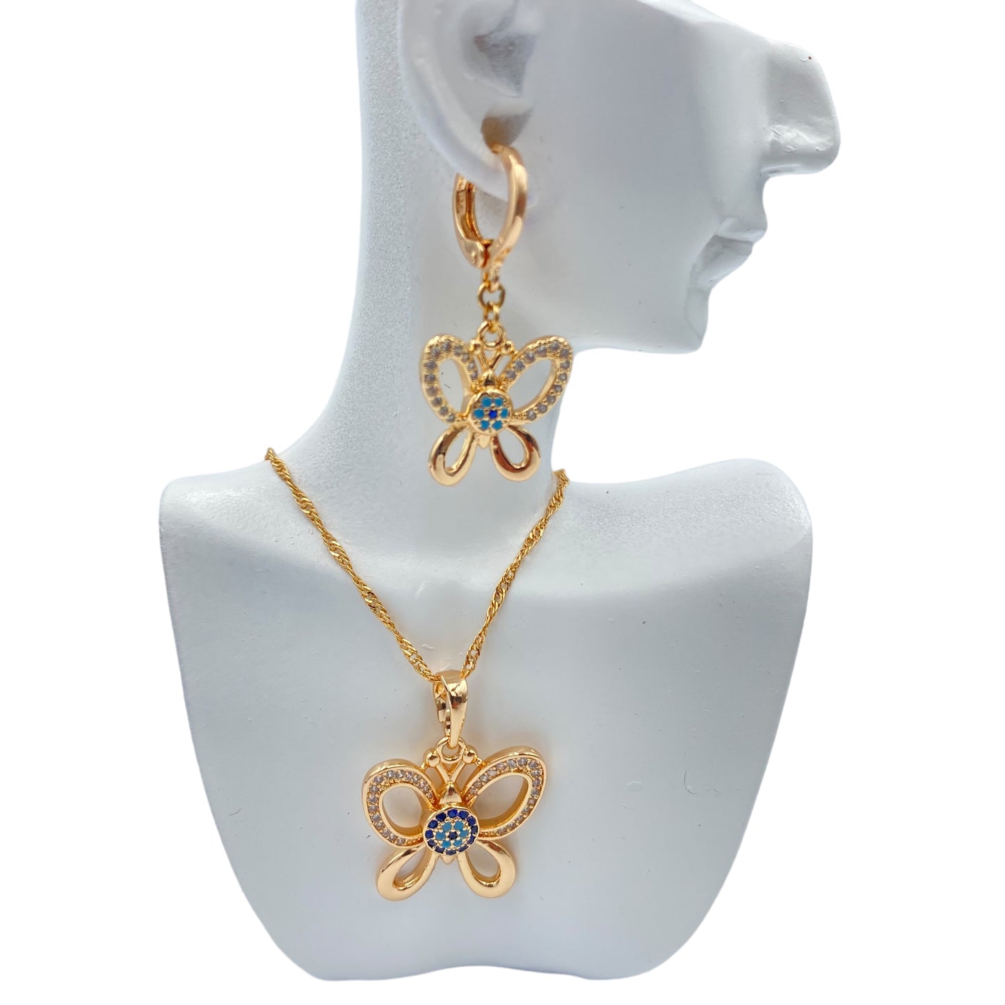 Set Collar y Aretes, Mariposas Turquesas Doradas