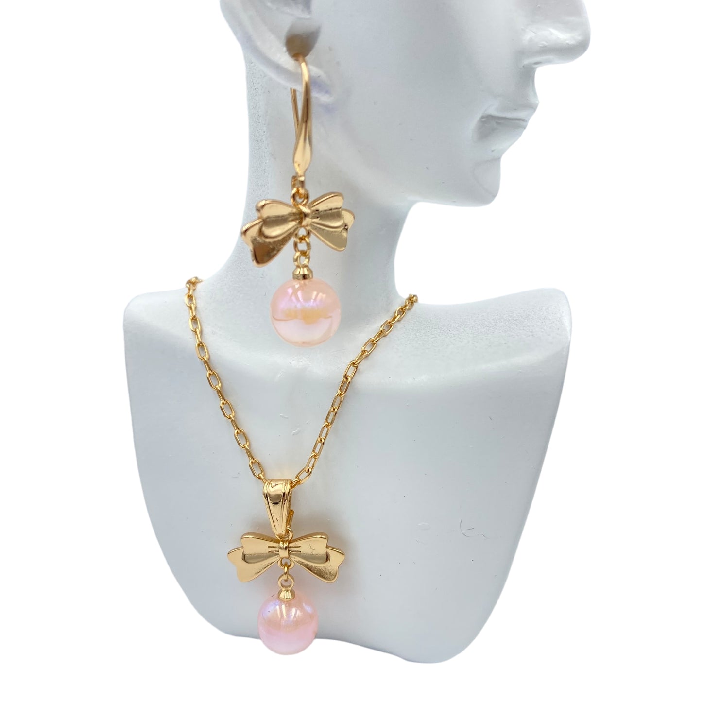 Set Collar y Aretes, Lazos y Perlas rosadas