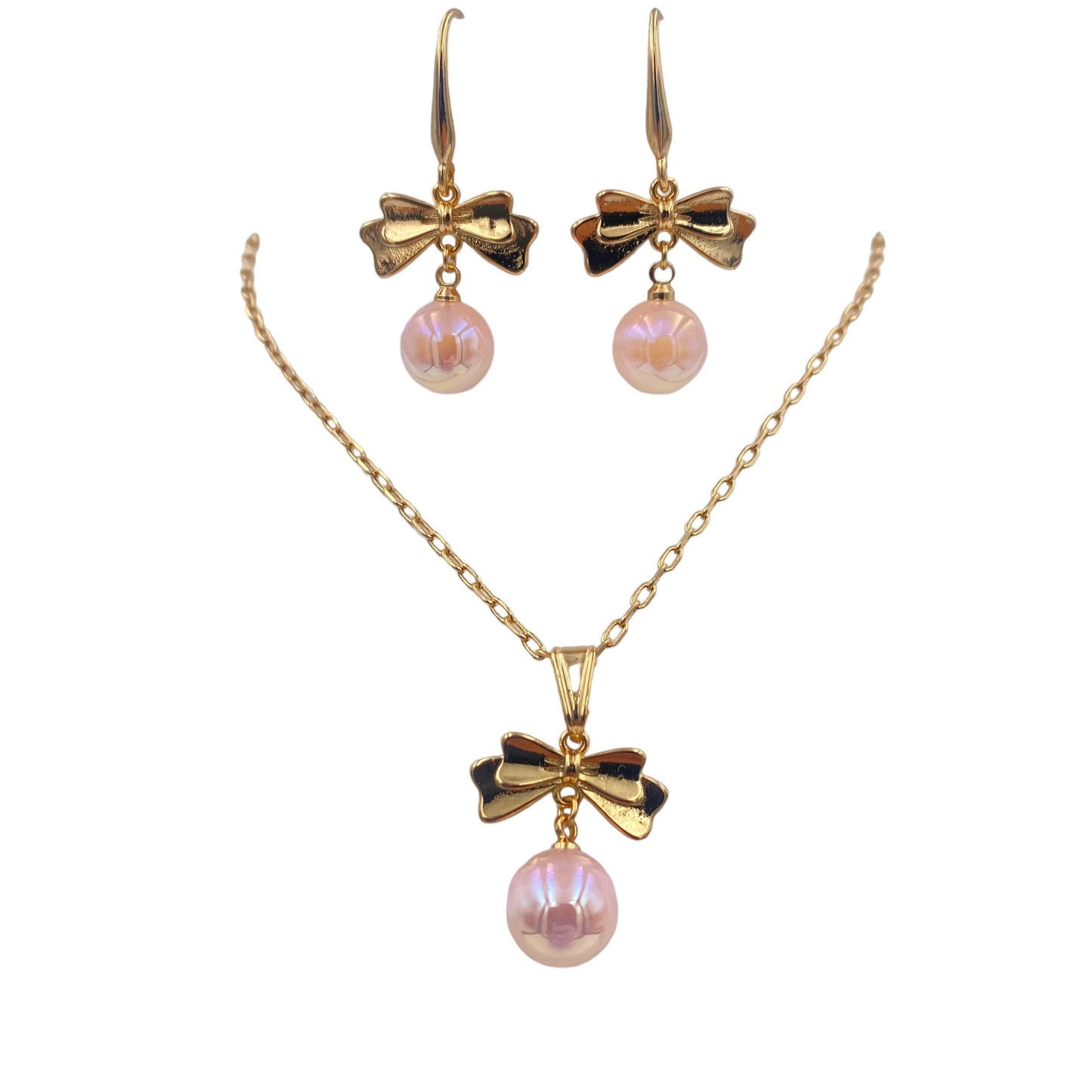 Set Collar y Aretes, Lazos y Perlas rosadas