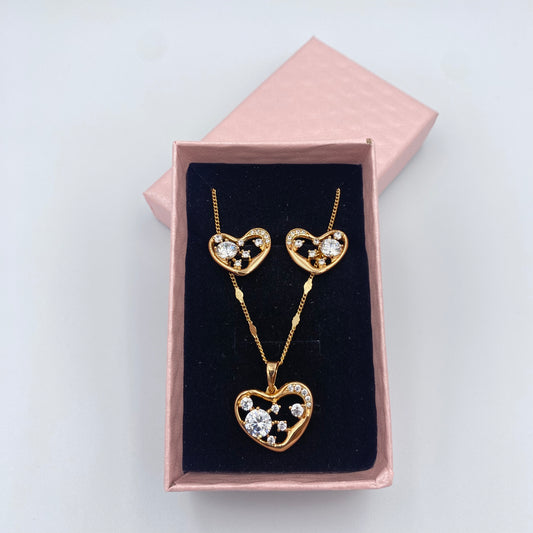 Set Collar y Aretes, corazones y perlas