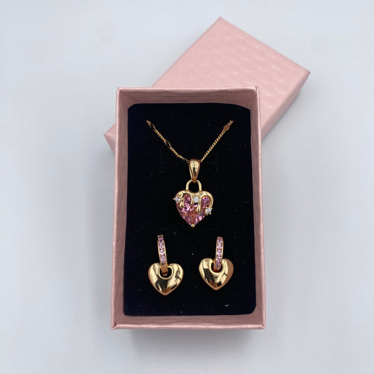 Set Collar y Aretes, corazón perlas rosas