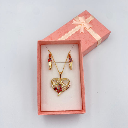 Set Collar y Aretes, corazón y piedras rojas