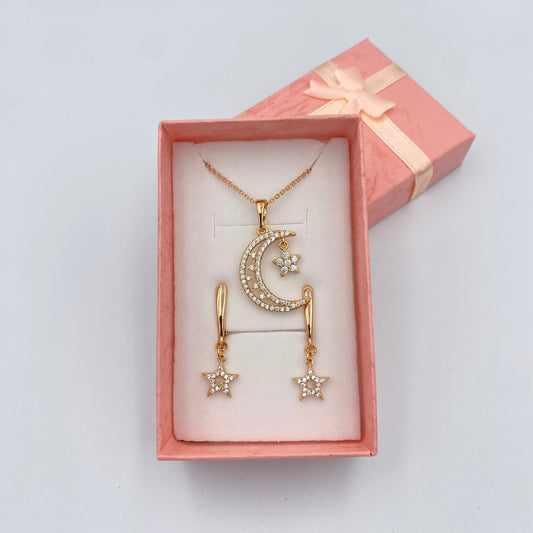 Set Collar y Aretes, Luna y estrella con brillos