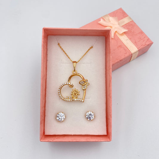 Set Collar y Aretes, Corazón y Piedras redondos