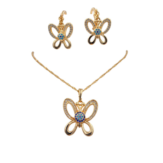 Set Collar y Aretes, Mariposas Turquesas Doradas