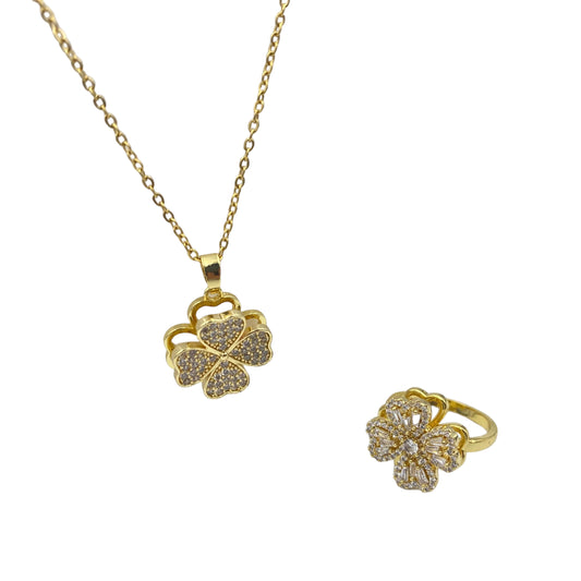 Set Trébol Giratorio Collar y Anillo con piedras