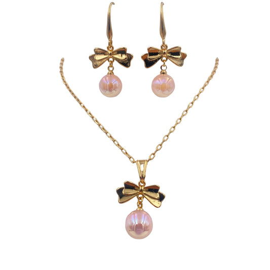 Set Collar y Aretes, Lazos y Perlas rosadas