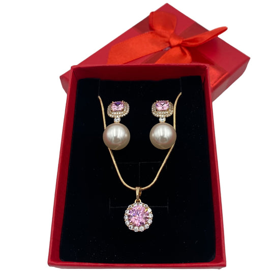 Set Collar y Aretes Piedras y Perlas Color Rosa