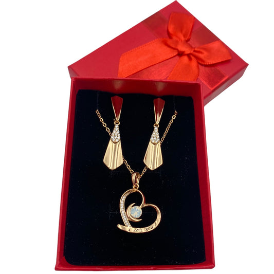 Set Collar y Aretes Colgantes con Corazón con Piedras