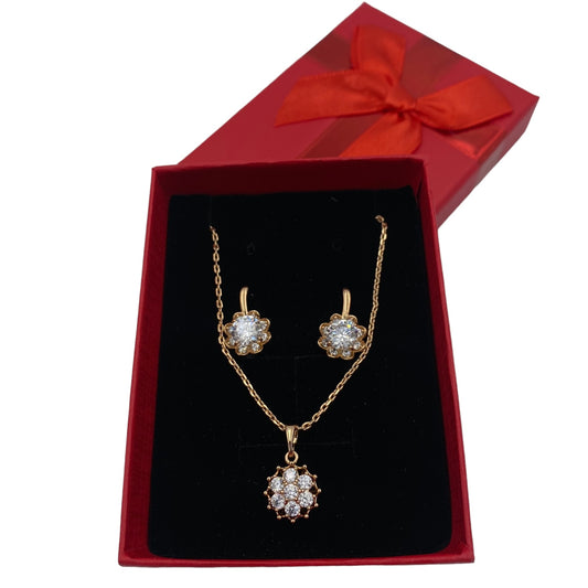 Set Collar y Aretes Flores Con Piedras
