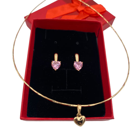 Set Collar y Aretes, cuellera con corazón y aretes con piedras rosas